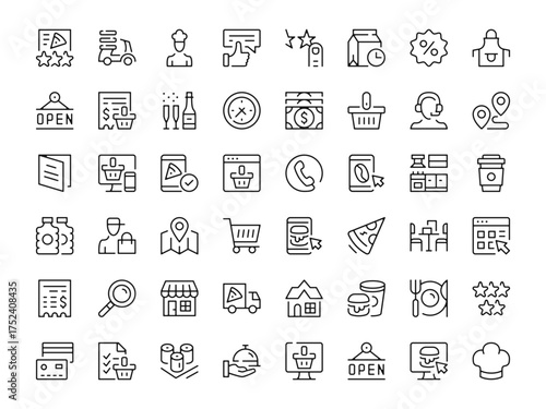 Food delivery icon set. Vector line icons collection. Outline symbols. Modern design