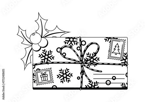 Festive decorated Xmas envelop black-and-white