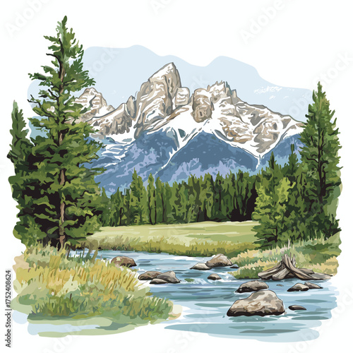 Grand Teton National Park. Grand Teton National Park hand drawn watercolor illustration