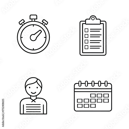 Vector art of set of business and time management icons includes calendar, stopwatch, checklist, and user