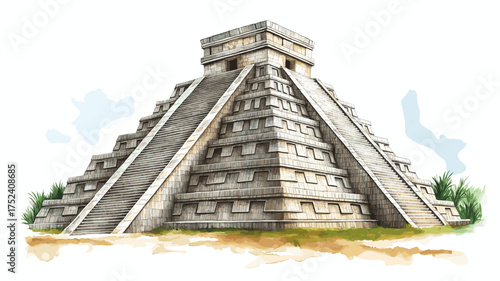 Chichen Itza. Chichen Itza hand drawn watercolor illustration