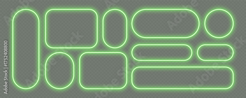 Neon glowing frames, green night banners light effect, bright illuminated borders. Rounded rectangles design elements. Vector light effect.