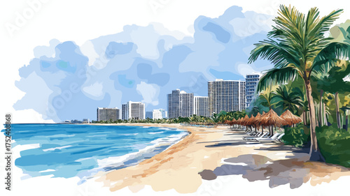 Miami?s South Beach. Miami?s South Beach hand drawn watercolor illustration