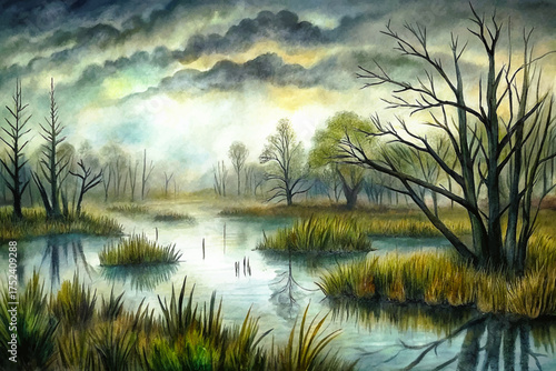 foggy wetland, marsh grass, still water, twisted trees, overcast sky, moody nature, fantasy art, mystical illustration