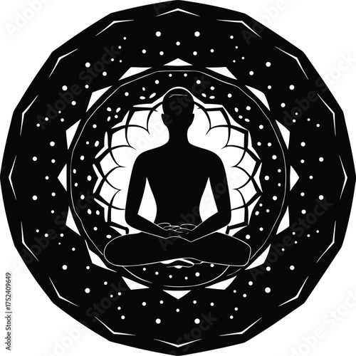 Meditative Silhouette Within a Circular Mandala Pattern of Stars and Light