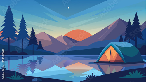 A serene campsite at dusk featuring a tent pitched by a pristine lake with a backpack lying on the ground and reflections of trees in the water.