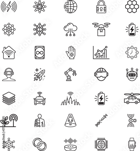 Digital Innovation and AI Line Art Icon Set: Robotics, Smart Systems, and Future Tech