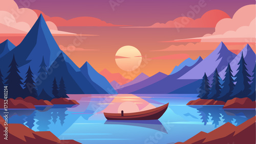 A tranquil lakeside setup with a canoe gently floating on the water reflecting surrounding mountains and a brilliant sunset.