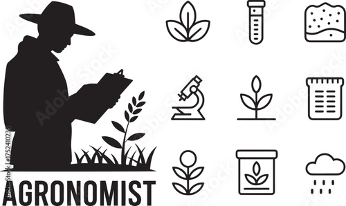 Agronomist Vector Silhouettes Set with Agriculture Icons - Plant, Test Tube, Soil, Microscope, Seeds, Rain