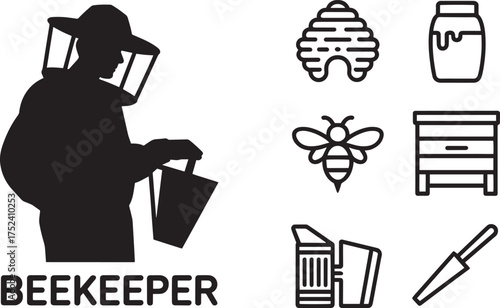 Beekeeper Silhouette with Bee and Honey Icons for Apiculture and Honey Production