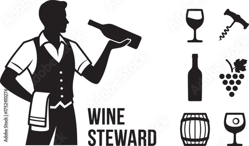 Beverage Steward Silhouette with Drinks and Bar Icons Grapes Barrel Corkscrew Transparent Background