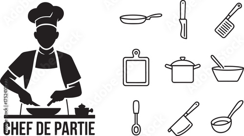 Chef de Partie Vector Silhouettes Set with Kitchen Utensils - Pans, Knives, Spatula, Pot, Bowl, Chopping Board