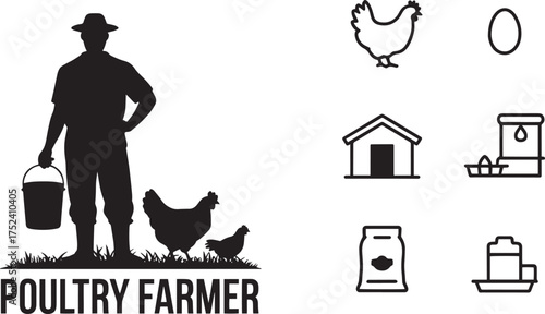 Poultry Farmer Silhouette with Chicken and Egg Icons for Agricultural Livestock Farming