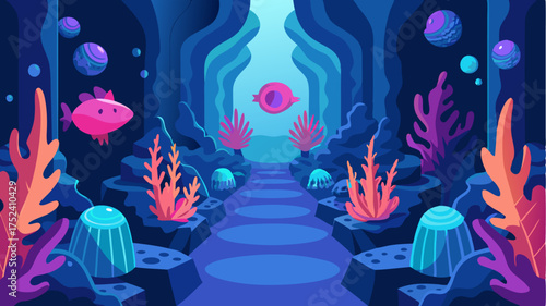 A mystical underwater gallery where digital marine creatures swim around vibrant coral formations each piece representing different art styles.
