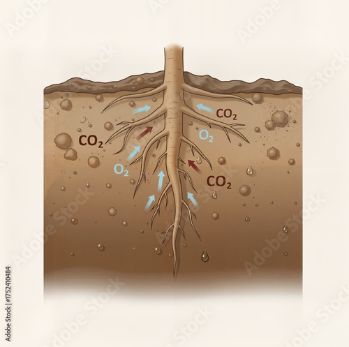 cross-section diagram of a plant root in soil illustrating the gas exchange process, showing oxygen (O2) coming in and carbon dioxide (CO2) going out of the root structure.