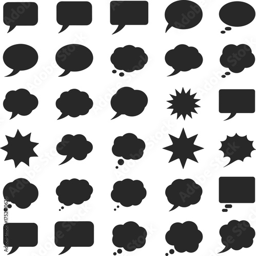 Black speech bubbles icons, conversation dialogue shapes, communication symbols, chat message balloons, thought clouds, vector design, talk bubbles, isolated silhouette set
