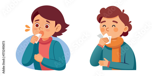 Woman Coughing and Sneezing Isolated on White Background