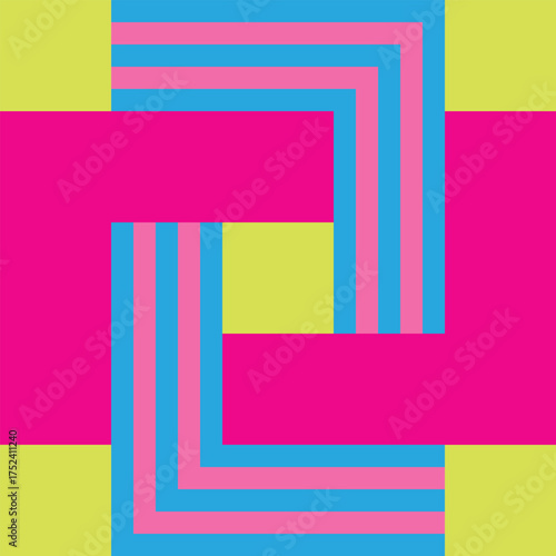 Interlocking blue and pink lines and a neon pink rectangle on a neon green