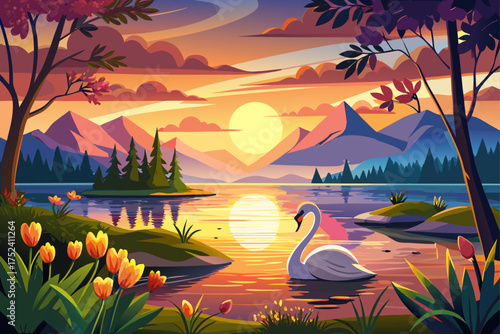 vector of View of the romantic sunset lake of the swan couple