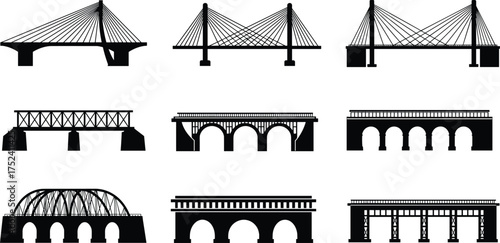 Bridge silhouettes collection, cable-stayed bridge, arch bridge, viaduct structure, railway bridge, engineering design, civil infrastructure, transportation route, 