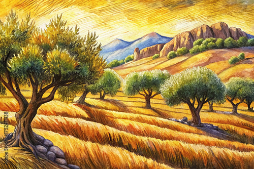 twisted olive trees, terraced hills, golden grass, warm sunlight, Mediterranean nature, wine label art, romantic illustration