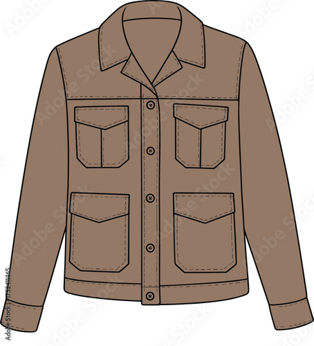 Brown front button utility jacket cad drawing, long sleeve fashion coat vector sketch, cargo pocket outerwear flat template design