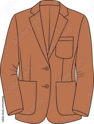Brown men’s blazer CAD drawing, stylish flat vector fashion sketch, tailored jacket design, formal outerwear garment illustration template