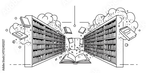 Minimalist Library with Book Particle Cloud - Vector Illustration