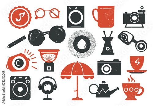 Nostalgia Vector: Retro Icons Overlap, White Background
