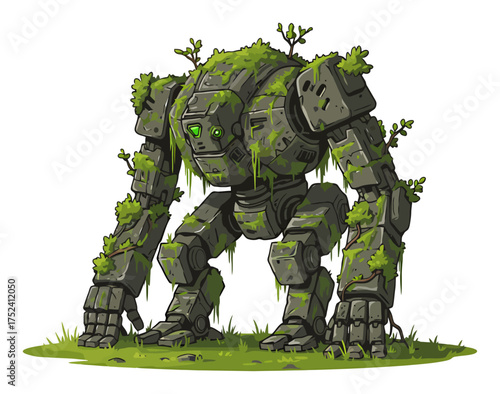 Overgrown Mech Vector: Nature Reclaims Robot on White