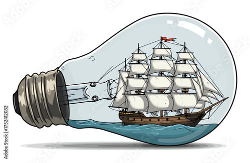Minimalist Vector Ship in Lightbulb, Conceptual Symbol of Ideas and Innovation
