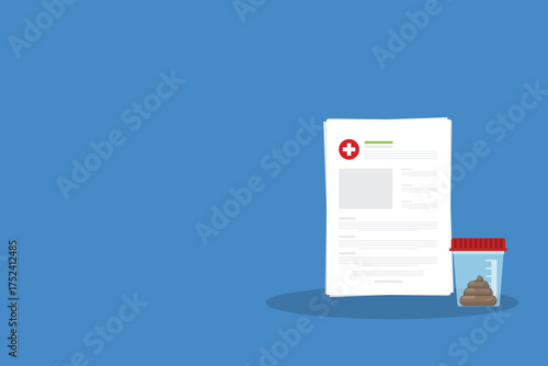 Stool analysis. Stool test icon. Medical sample in a glass tube and clipboard. Laboratory container with excrement. Vector illustration flat cartoon design.	