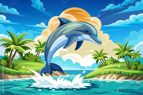 vector of A dolphin jumping from the turquoise water under the clear sky, a very beautiful scene to see...
