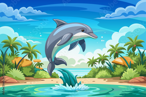 vector of A dolphin jumping from the turquoise water under the clear sky, a very beautiful scene to see...