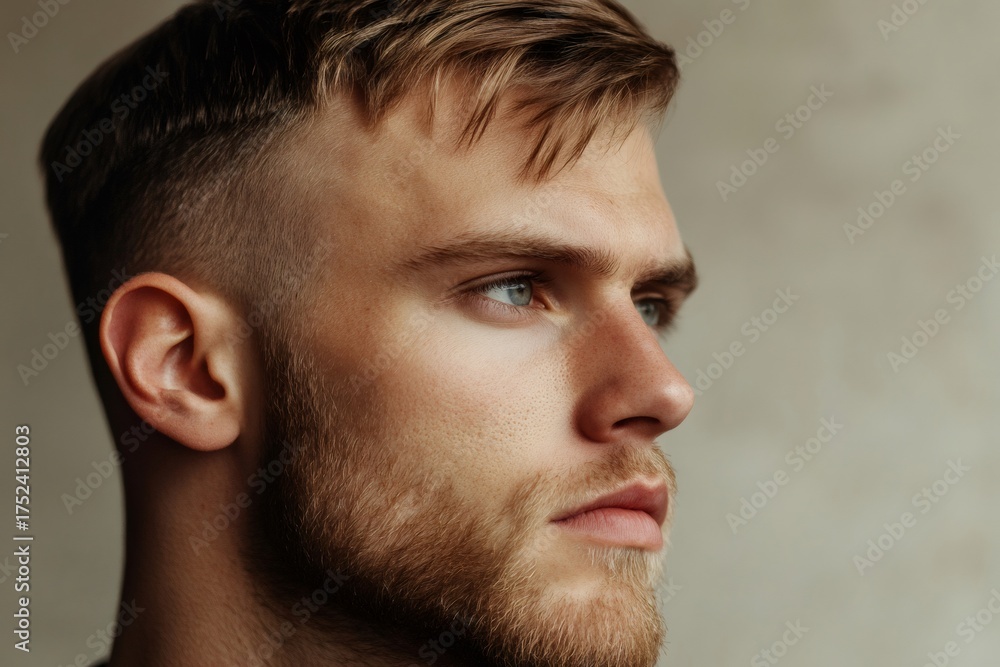 Fototapeta premium Young man with a stylish fade haircut and ginger beard looking away in profile. Focusing on youth and modern grooming