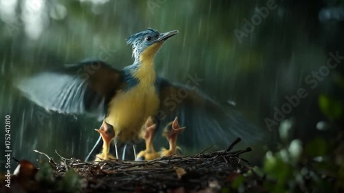 A parent bird with outstretched wings watches over its young in a nest during a rainstorm.