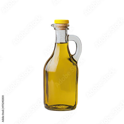 Glass bottle filled with yellow liquid, handle, cork stopper, on black