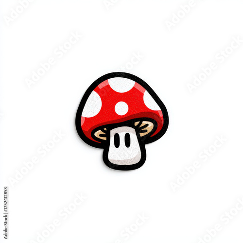 Cute cartoon mushroom with red cap and white dots on white background