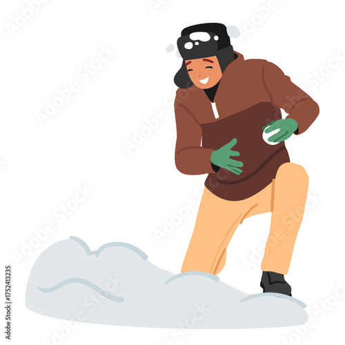 Happy laughing teenage boy cartoon character making snowball playing with snow outdoors scene