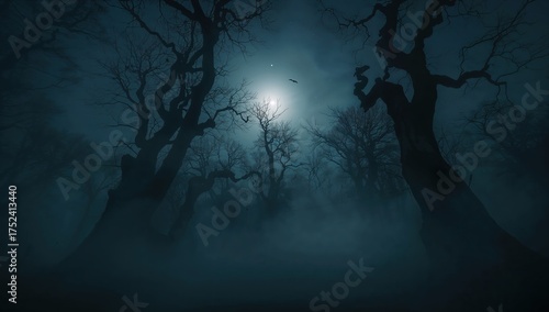 Mysterious forest at night with eerie fog and full moon creating a haunting, atmospheric scene perfect for Halloween or horror themes