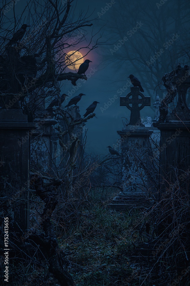 Fototapeta premium Eerie graveyard scene with ravens perched on tombstones under a full moon, perfect for a spooky Halloween project or gothic novel cover, dark and mysterious