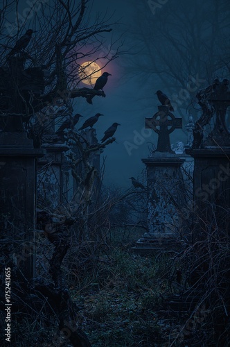 Eerie graveyard scene with ravens perched on tombstones under a full moon, perfect for a spooky Halloween project or gothic novel cover, dark and mysterious