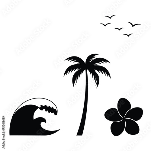 Tropical scene with palm tree, wave, flower and birds silhouette black and white vector illustration nature ocean sea island vacation