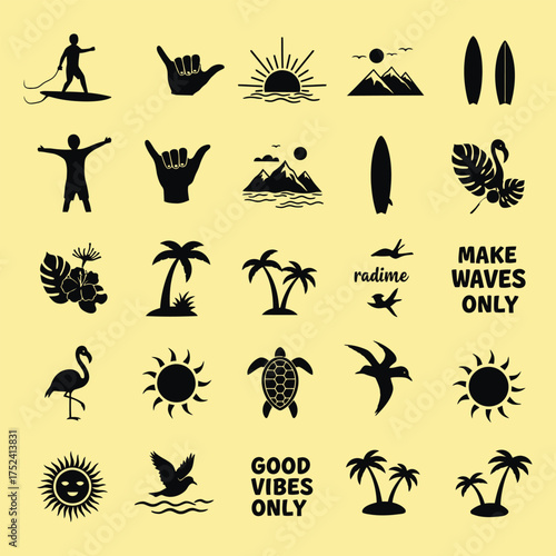 Summer vacation icons set in black and white beach tropical surfing palm tree sun sea ocean travel holiday silhouette vector