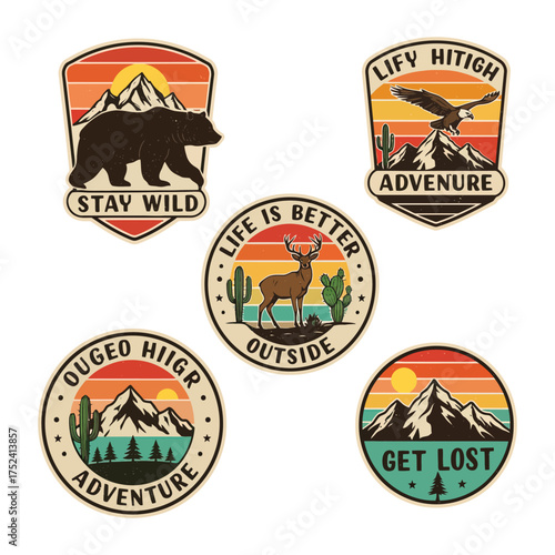 Outdoor Adventure Patches Set with Animals and Landscapes badge vintage retro bear eagle deer mountain desert nature travel explore