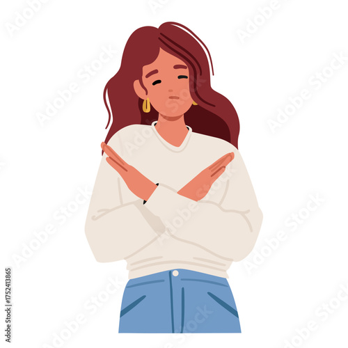 Trendy fashion woman cartoon character gesturing refuse and resist standing isolated on white