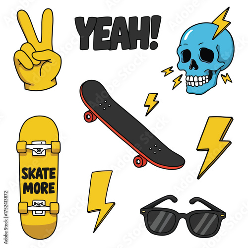Skateboarding and Cool Stuff Illustration skull sunglasses lightning bolt peace sign yeah vector graphic design fun youth teen style