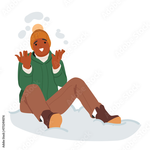 Joyful teenage boy cartoon character sitting and throwing snow over head enjoying winter outdoors
