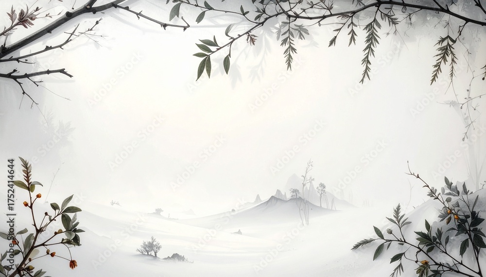 Obraz premium Artistic Winter Landscape with Branches and Misty Mountains