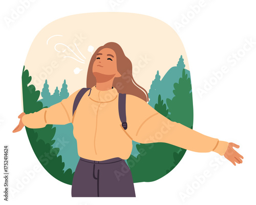 Young woman traveler breathing fresh air in mountain enjoying freedom and tranquil scenic outdoors